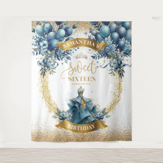 Sweet Sixteen Waterverf Blue Gold Balloon Banner Wandkleed (Voorkant)