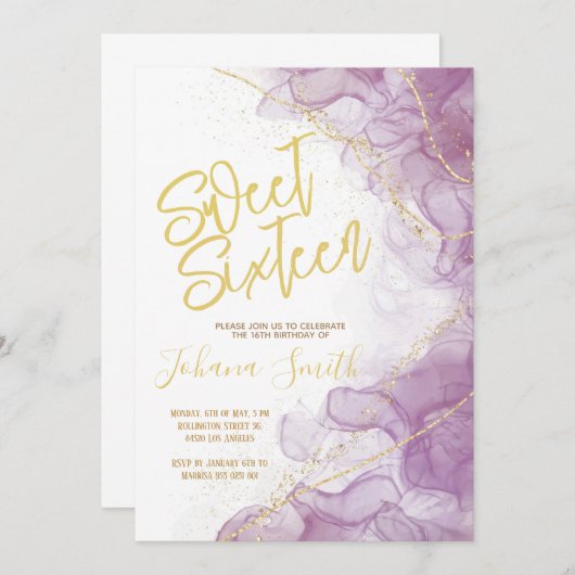 Sweet Sixteen Waterverf Paars Gold Birthday Kaart (Voorkant / Achterkant)