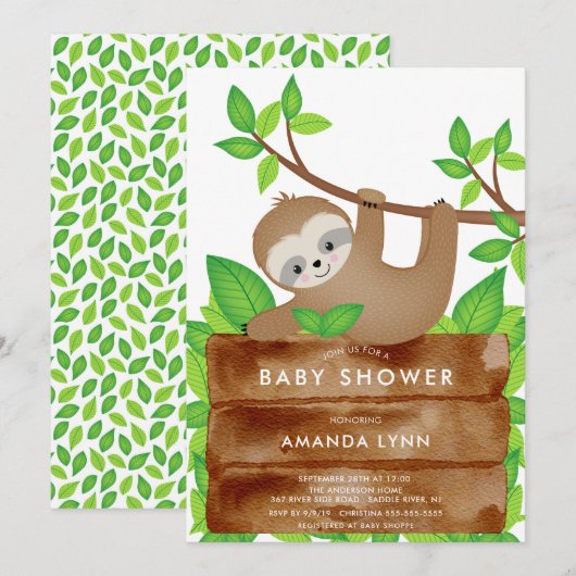 Sweet Sloth Baby shower Invitation Kaart (Voorkant / Achterkant)