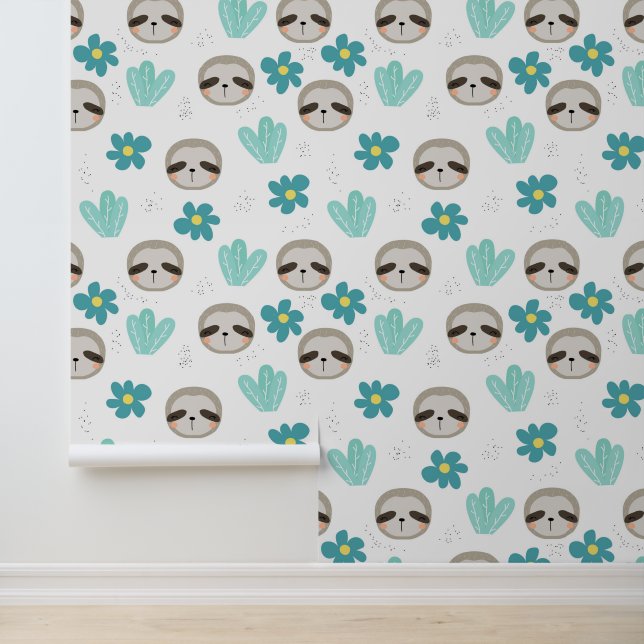 Sweet Sloth Floral Pattern Behang (Applicatie)