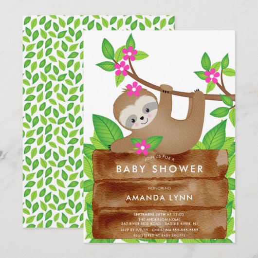 Sweet Sloth Girls Baby shower Invitation (Devant / Derrière)