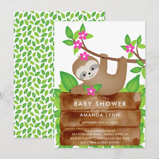 Sweet Sloth Girls Baby shower Invitation (Devant / Derrière)
