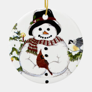 Sweet snowlady en kardinaal, chickadee ornament. keramisch ornament