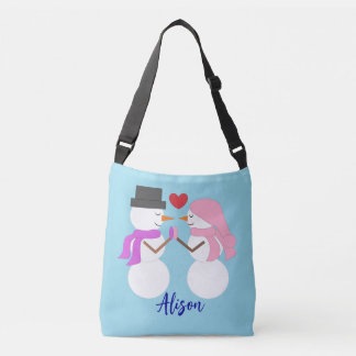 Sweet Snowpeople in Love:  Light Blue Crossbody Tas