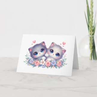 Sweet Snuggly Kitten Duo Floral Blank Greeting  Kaart