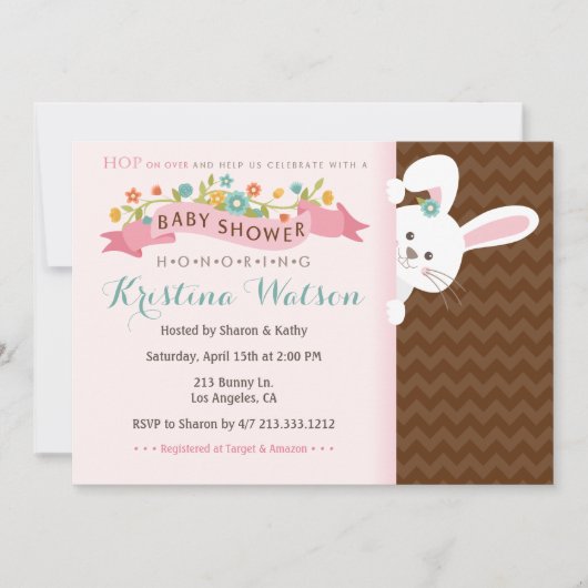 Sweet Spring Bunny Girl Baby shower Invitation (Devant)