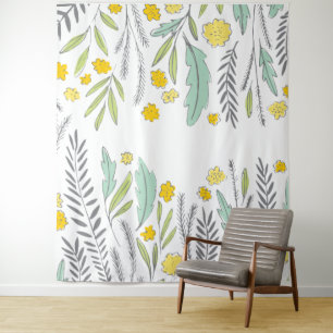 Sweet Springs Mint Geel en Grijs Bloemen Tapestry Wandkleed