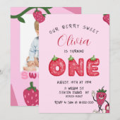 Sweet Strawberry 1er Anniversaire Photo Invitation (Devant / Derrière)