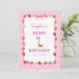Sweet Strawberry 1st Birthday Invitation Kaart