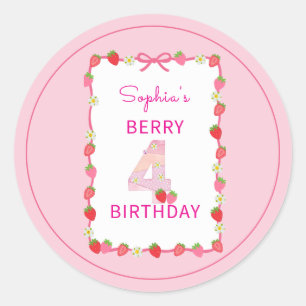 Sweet Strawberry 4th Birthday Invitation Ronde Sticker