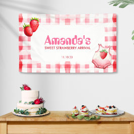 Sweet Strawberry Arrival Gingham Baby shower Roze Spandoek
