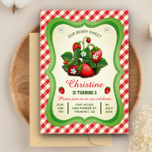 Sweet Strawberry Cute Birthday Party Invitation Kaart