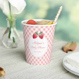 Sweet Strawberry Pink Gingham Picnic Baby shower Papieren Bekers