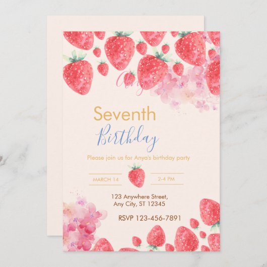 Sweet Strawberry Soiree: Uitnodiging voor verjaard (Voorkant / Achterkant)