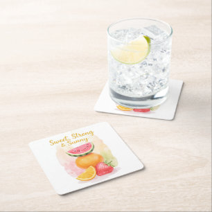 Sweet, Strong & Sunny – Waterverf Fruit Vierkante Kartonnen Onderzetter