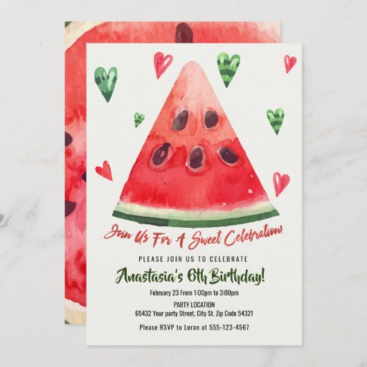 Sweet, Summer Fun, Watermelon Birthday Kaart (Voorkant / Achterkant)