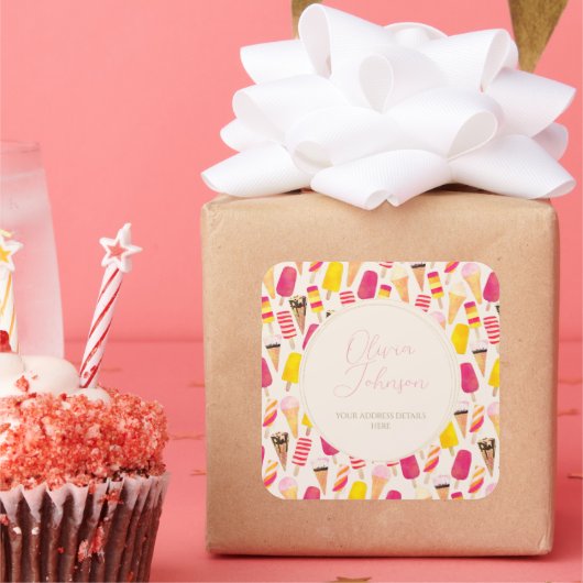 Sweet Summer Waterverf Ice Cream Vierkante Sticker (Feest)