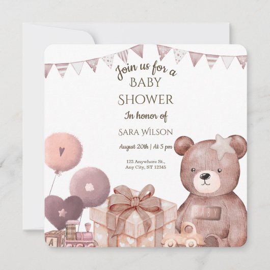 Sweet Teddy Bear Baby Shower Invitation (Devant)