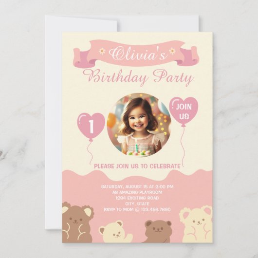 Sweet Teddy Bear Invitation premier anniversaire (Devant)
