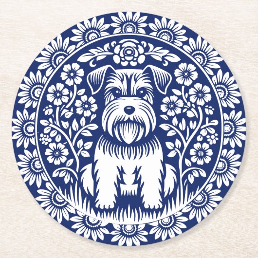 Sweet Terrier Puppy Blauw en Wit Bloemen Ronde Kartonnen Onderzetter (Voorkant)