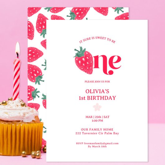 Sweet to Be One Strawberry 1st Birthday Invitation