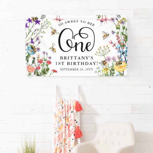 "Sweet-to-Bee" Wilde bloem en bloemBee 1e verjaard Spandoek (Insitu)