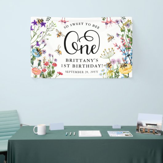 "Sweet-to-Bee" Wilde bloem en bloemBee 1e verjaard Spandoek (Beurs)