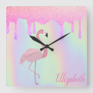 Sweet Trendy Holographic, Pink Flamingo Vierkante Klok