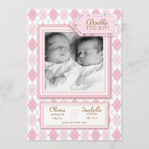 Sweet Twin Girl Argyle Foto geboorteaankondiging Aankondiging