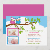 Sweet Twins Owl Girl Boy Photo Faire-part de naiss (Devant / Derrière)