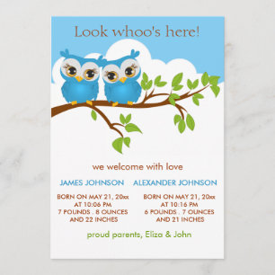 Sweet Twins Owls Baby Boy Faire-part de naissance