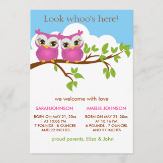Sweet Twins Owls Baby Girl Birth Notice Card Aankondiging