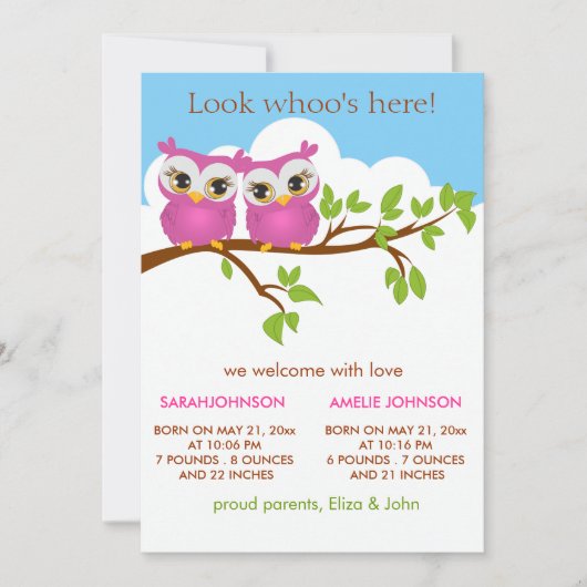 Sweet Twins Owls Baby Girl Carte Faire-part de nai (Devant)