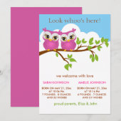 Sweet Twins Owls Baby Girl Carte Faire-part de nai (Devant / Derrière)