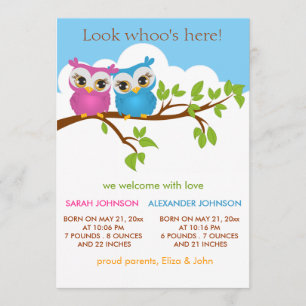 Sweet Twins Owls Baby Girl Faire-part de naissance
