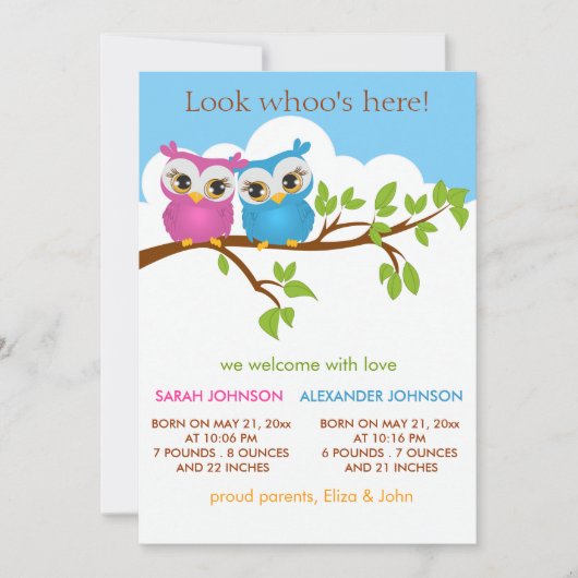 Sweet Twins Owls Baby Girl Faire-part de naissance (Devant)