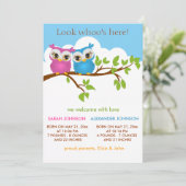 Sweet Twins Owls Baby Girl Faire-part de naissance (Debout devant)