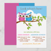 Sweet Twins Owls Baby Girl Faire-part de naissance (Devant / Derrière)