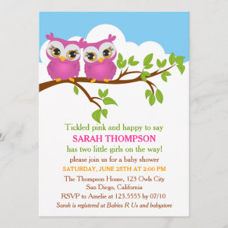 Sweet Twins Owls Girl Baby shower Invitation Kaart