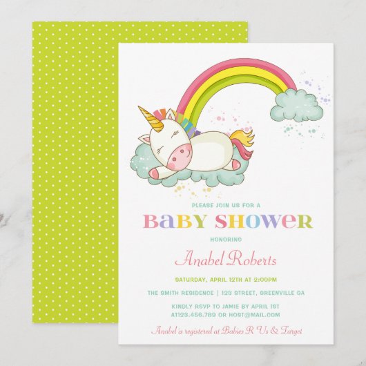 Sweet Unicorn Baby shower Invitation arc-en-ciel (Devant / Derrière)