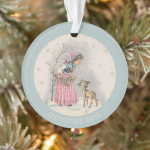 Sweet Vintage kerstscene Girl Fawn Ornament