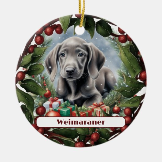 Sweet Weimaraner Puppy Custom Kerstmis Keramisch Ornament (Voorkant)