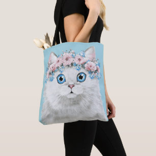 Sweet White Floral Cat Draagtas
