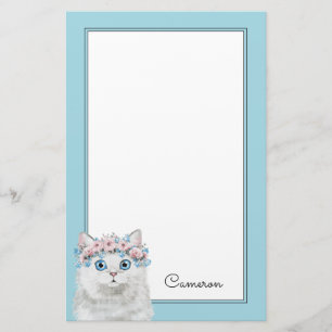 Sweet White Floral Cat   Jouw namen toevoegen Briefpapier