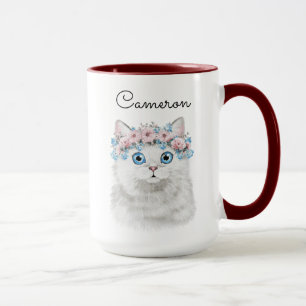 Sweet White Floral Cat Jouw namen toevoegen Mok