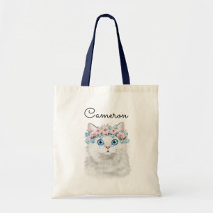 Sweet White Floral Cat   Jouw namen toevoegen Tote Bag