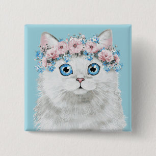 Sweet White Floral Cat Vierkante Button 5,1 Cm