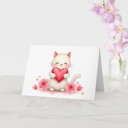 Sweet White Kitten with Red Heart Valentine Blank Kaart (Orchidee)