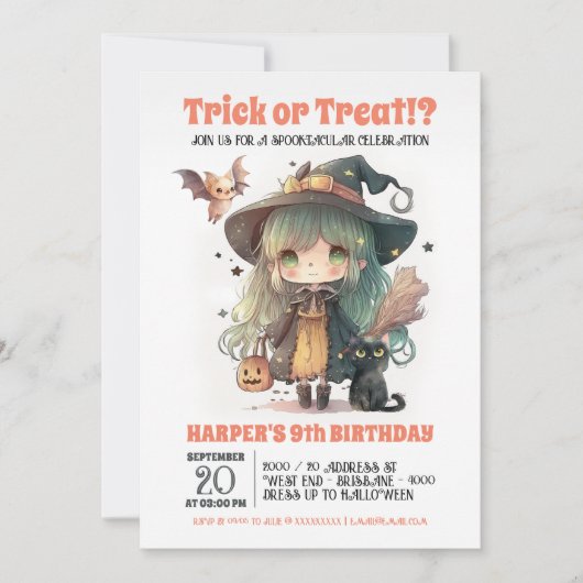 Sweet Witch Halloween Verjaardagsfeestuitnodiging Kaart (Voorkant)