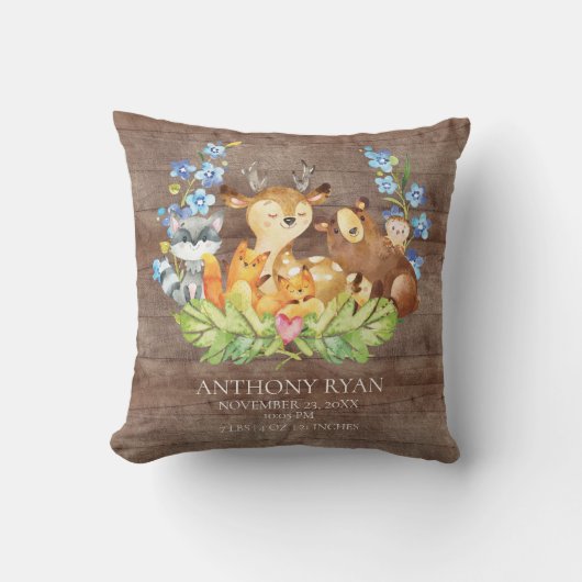 Sweet Woodland Animals Baby Birth Stats Coussin (Recto)